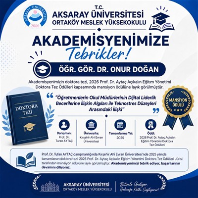 Öğr. Gör. Dr. Onur Doğan’a Doktora Tez Ödülü